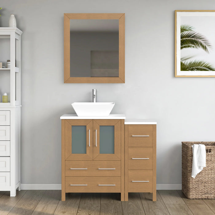 CVC Natural Oak Solid Wood with Basin Engineered Marble Top and Mirror CVC24 Bathroom Cabinet - 84" x 18.5" x 36"