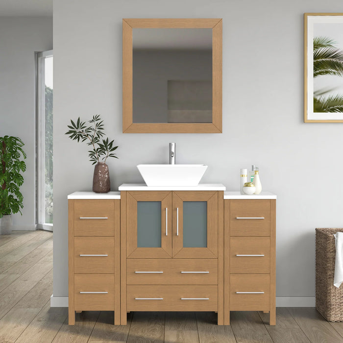 CVC Natural Oak Solid Wood with Basin Engineered Marble Top and Mirror CVC24 Bathroom Cabinet - 48" x 18.5" x 36"