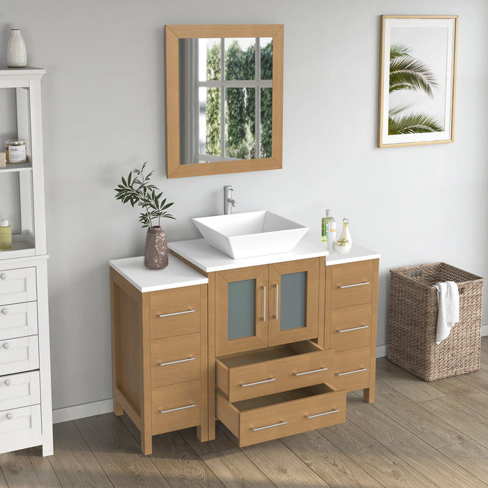 CVC Natural Oak Solid Wood with Basin Engineered Marble Top and Mirror CVC24 Bathroom Cabinet - 48" x 18.5" x 36"