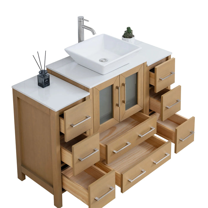 CVC Natural Oak Solid Wood with Basin Engineered Marble Top and Mirror CVC24 Bathroom Cabinet - 48" x 18.5" x 36"