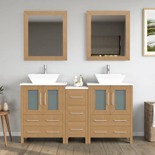 CVC Natural Oak Solid Wood with Basin Engineered Marble Top and Mirror CVC24 Bathroom Cabinet - 72" x 18.5" x 36"