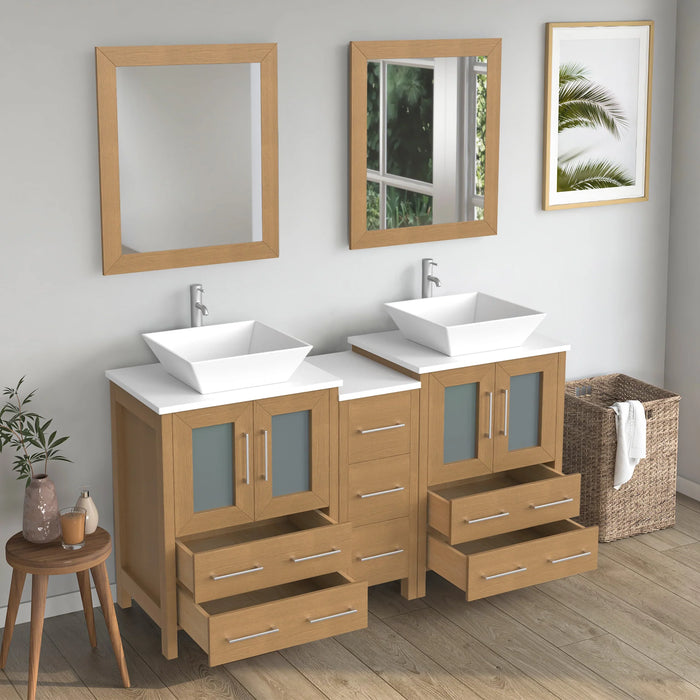 CVC Natural Oak Solid Wood with Basin Engineered Marble Top and Mirror CVC24 Bathroom Cabinet - 72" x 18.5" x 36"
