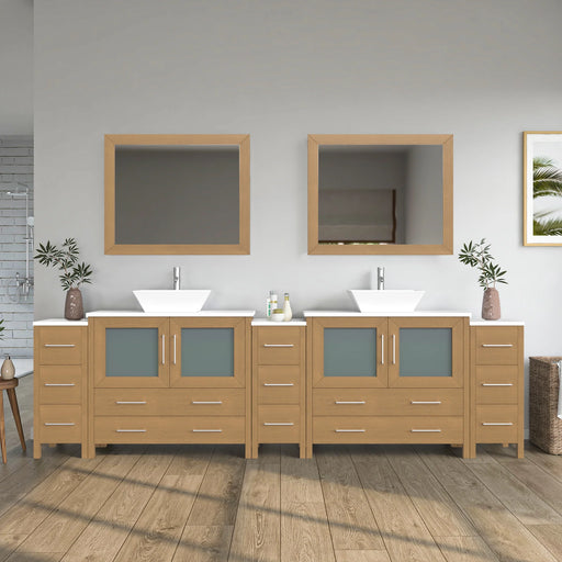 CVC Natural Oak Solid Wood with White Engineered Marble Top and Mirror CVC36 Bathroom Cabinet - 108" x 18.5" x 36"