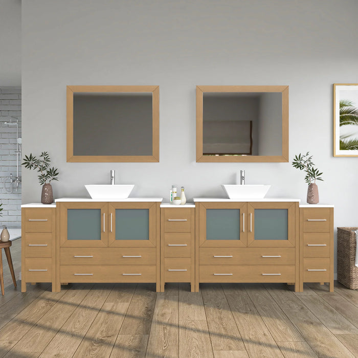 CVC Natural Oak Solid Wood with White Engineered Marble Top and Mirror CVC36 Bathroom Cabinet - 108" x 18.5" x 36"