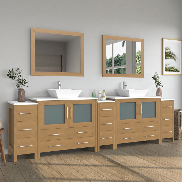 CVC Natural Oak Solid Wood with White Engineered Marble Top and Mirror CVC36 Bathroom Cabinet - 108" x 18.5" x 36"