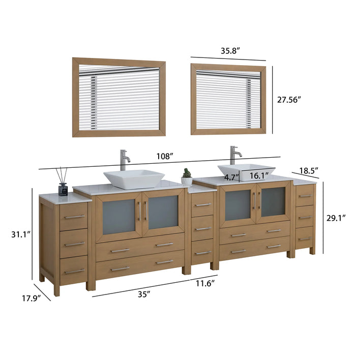 CVC Natural Oak Solid Wood with White Engineered Marble Top and Mirror CVC36 Bathroom Cabinet - 108" x 18.5" x 36"