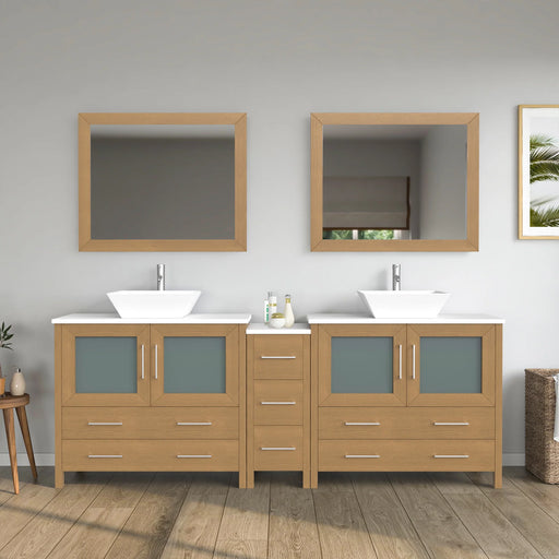 CVC Natural Oak Solid Wood with White Engineered Marble Top and Mirror CVC36 Bathroom Cabinet - 84" x 18.5" x 36"