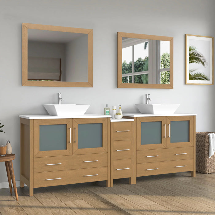 CVC Natural Oak Solid Wood with White Engineered Marble Top and Mirror CVC36 Bathroom Cabinet - 84" x 18.5" x 36"