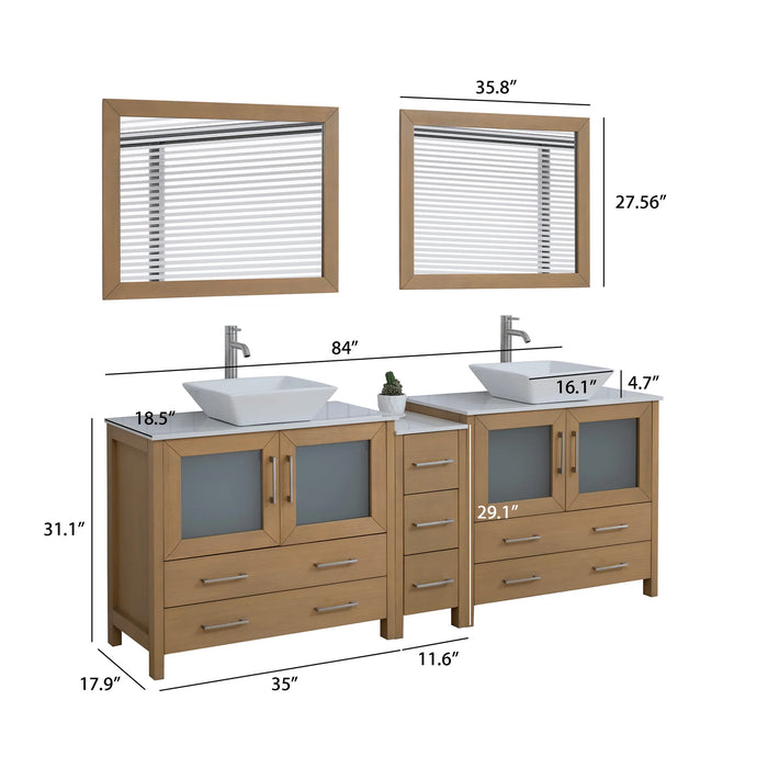CVC Natural Oak Solid Wood with White Engineered Marble Top and Mirror CVC36 Bathroom Cabinet - 84" x 18.5" x 36"