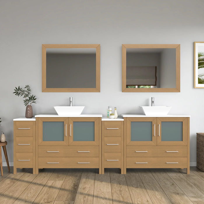 CVC Natural Oak Solid Wood with White Engineered Marble Top and Mirror CVC36 Bathroom Cabinet - 96" x 18.5" x 36"