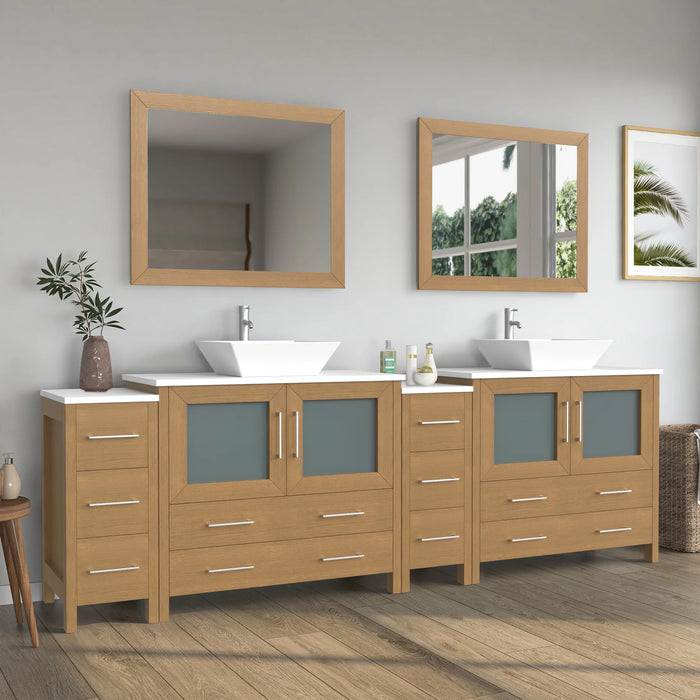 CVC Natural Oak Solid Wood with White Engineered Marble Top and Mirror CVC36 Bathroom Cabinet - 96" x 18.5" x 36"