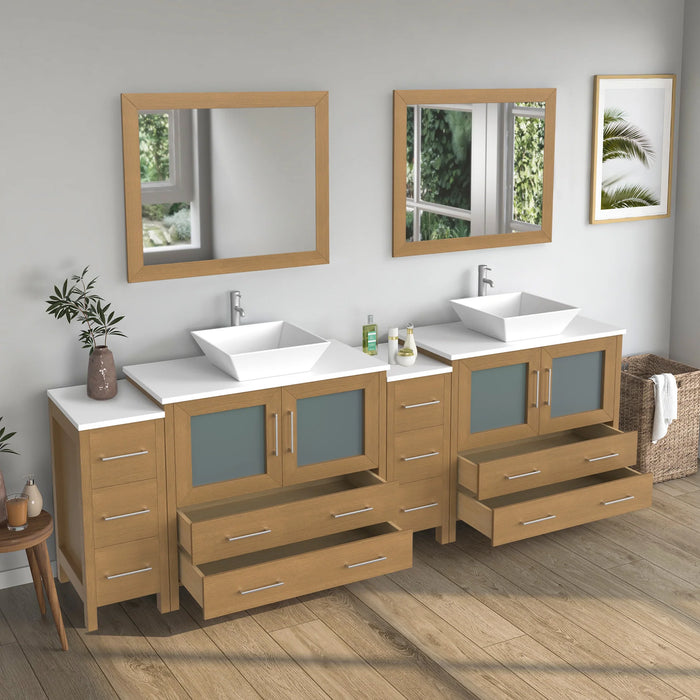 CVC Natural Oak Solid Wood with White Engineered Marble Top and Mirror CVC36 Bathroom Cabinet - 96" x 18.5" x 36"