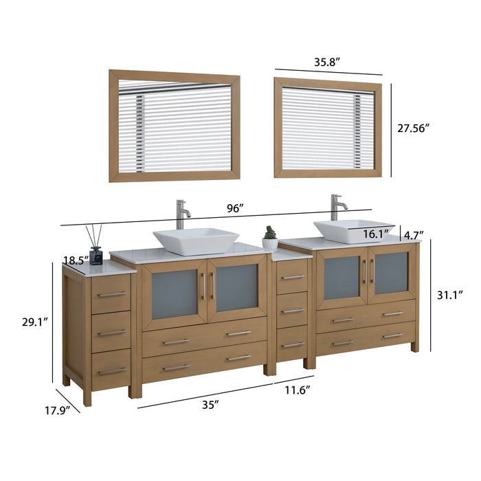 CVC Natural Oak Solid Wood with White Engineered Marble Top and Mirror CVC36 Bathroom Cabinet - 96" x 18.5" x 36"