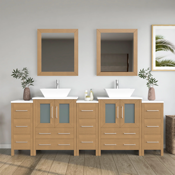 CVC Natural Oak Solid Wood with Basin Engineered Marble Top and Mirror CVC24 Bathroom Cabinet - 84" x 36" 1