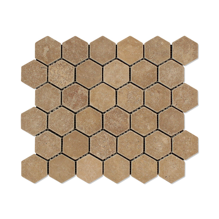 Full Sheet Sample - Noche Cross Cut HexagonTravertine Mosaic - 2" x 2" x 3/8" Filled & Honed