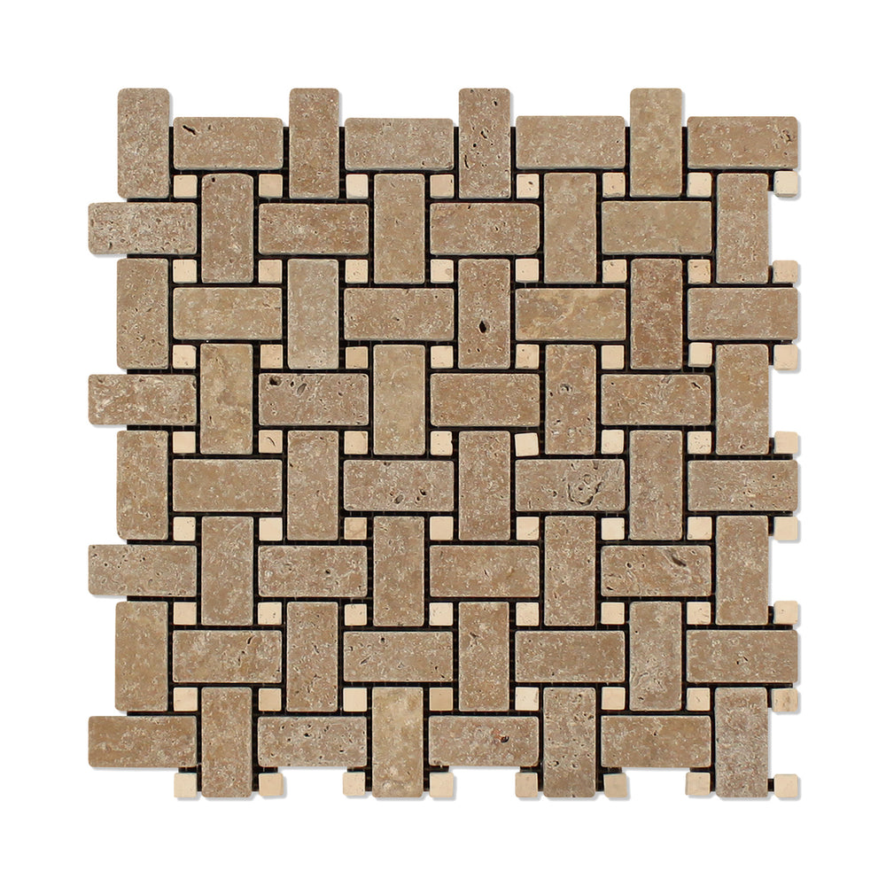 Full Sheet Sample - Noche Travertine Mosaic - Basket Weave with Ivory Dots Tumbled