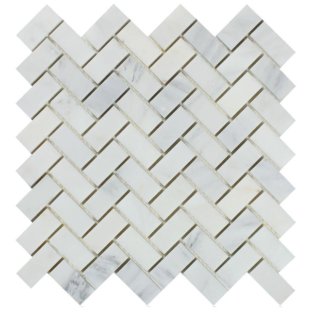 Full Sheet Sample - Oriental White Marble Mosaic - 1" x 2" Herringbone Polished