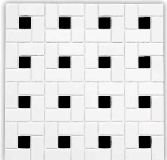 Pinwheel White & Black Porcelain Mosaic - 11.73" x 11.73"