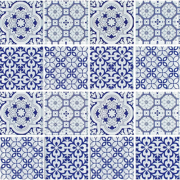 Full Sheet Sample - Aquatica Patchwork Azul Blue Glass Mosaic - 3" x 3" x 6 MM Semi Gloss