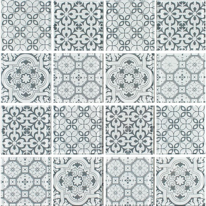 Full Sheet Sample - Aquatica Patchwork Cinza Gray Glass Mosaic - 3" x 3" x 6 MM Semi Gloss