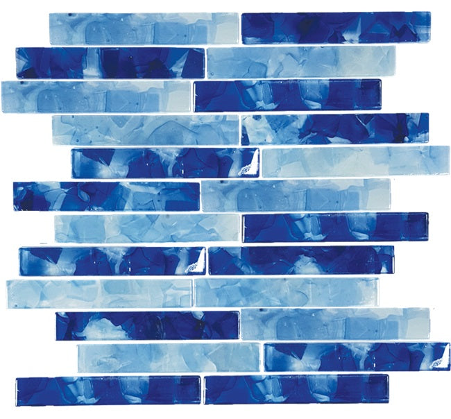 Full Sheet Sample - Aquatica Flower Pool Blend Staggered Glass Mosaic - 1" x 6" x 8 MM Glossy