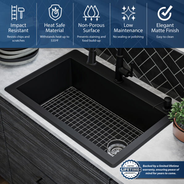 Quartz Composite Black Kitchen Sink Matte 8