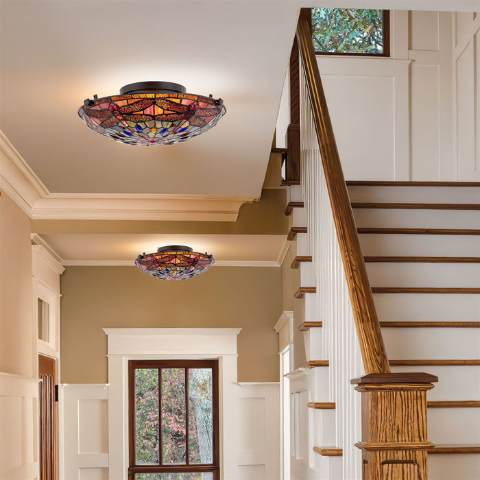 Mateo Black 2 Light Modern Dragonfly Tiffany Glass Flush Mount Ceiling Light - 15.5" - View 6