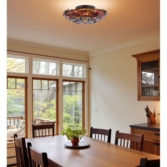 Mateo Black 2 Light Modern Dragonfly Tiffany Glass Flush Mount Ceiling Light - 15.5" - View 8