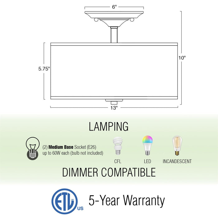 Addison Brushed Nickel 2 Light Semi Flush Mount Ceiling Light - 13" - View 3