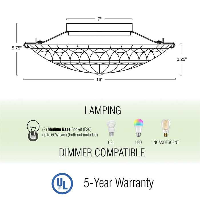 Mateo Black 2 Light Tiffany Glass Flush Mount Ceiling Light - 16" (2-Pack) - View 4