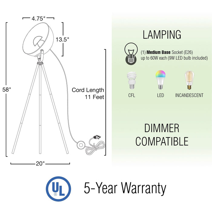 Sulis Black 1 Light Modern Industrial Tripod LED Floor Lamp - 58" - View 5