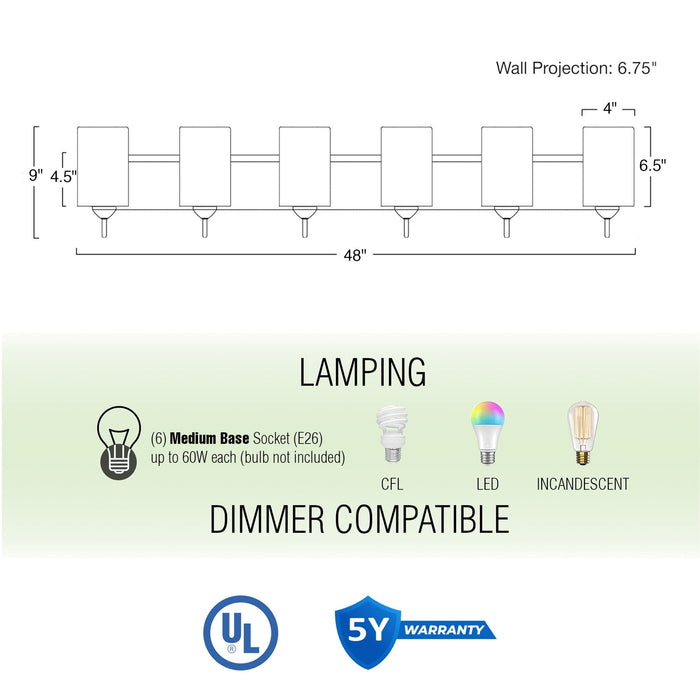 Armada II Brushed Nickel 6 Light Modern Over Mirror Bathroom Vanity Light - 48" (2-Pack) - View 5