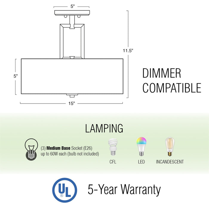 Cove Oil Rubbed Bronze 3 Light Semi Flush Mount Ceiling Light - 15" (2-Pack) - View 5