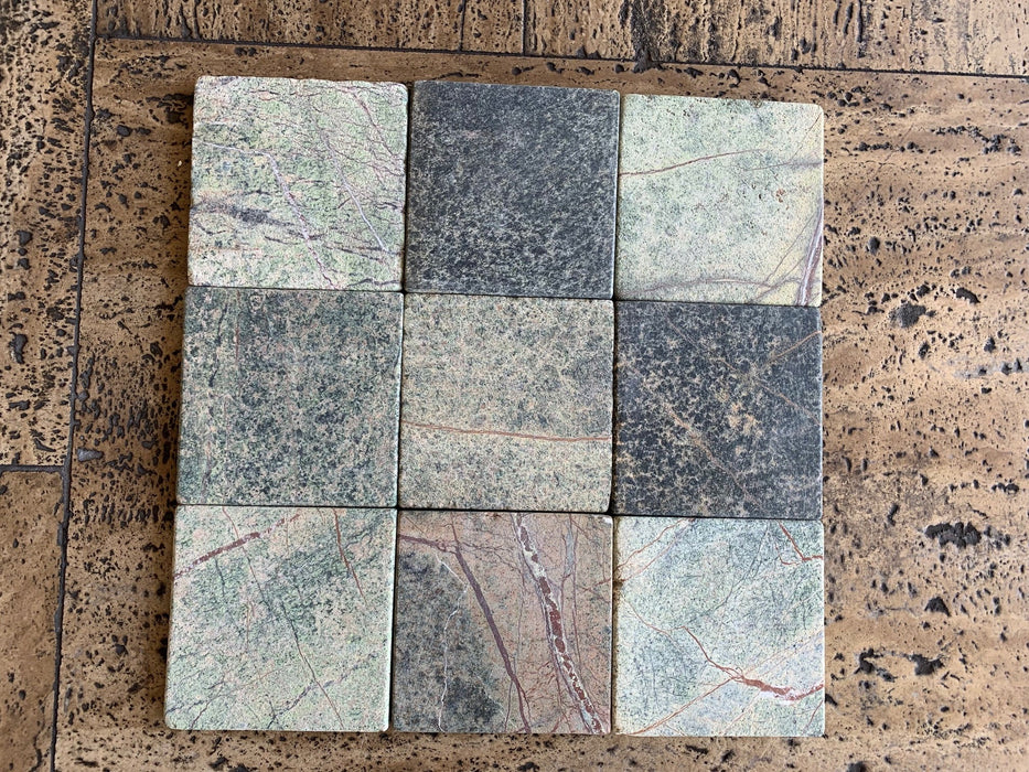 Rain Forest Green Tumbled Marble Tile - 4" x 4" x 3/8"