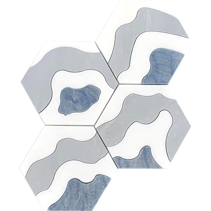 Full Sheet Sample - Skalini Line Waterjet Thassos Pallisandro Azul / Azul Macauba Storm Blue Natural Stone Mosaic - Storm Blue - 9" x 12" x 3/8" Polished