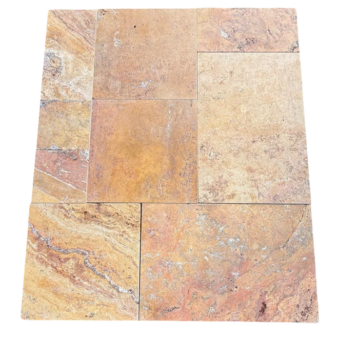 Scabass Cross Cut Tumbled Travertine Paver Versailles Pattern