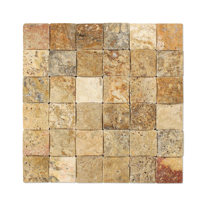 Full Sheet Sample - Scabos Cross Cut Wavy Travertine Mosaic - 2" x 2" x 3/8" - 3/4" Tumbled