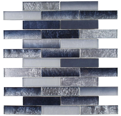 Full Sheet Sample - Terra Bella Silver Blue Staggered Glass Mosaic - 1" x 4" Glossy