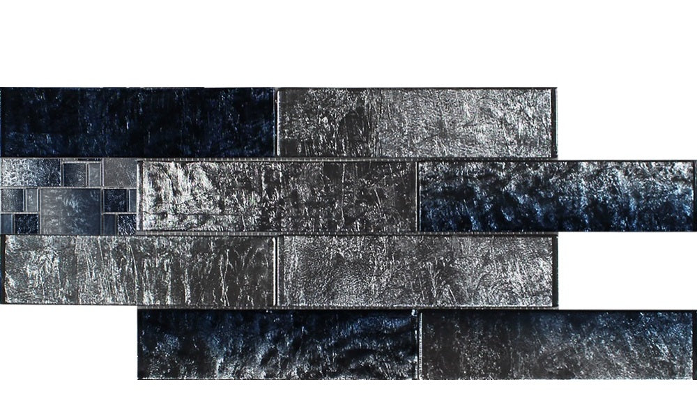 Terra Bella Silver Blue Foil Glass Mosaic - 2" x 8" Staggered