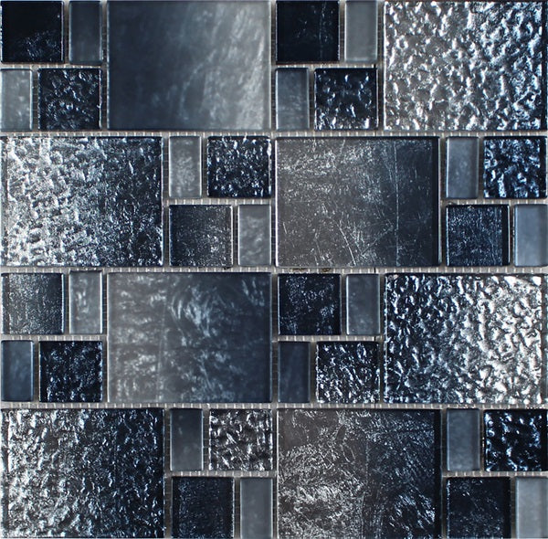 Full Sheet Sample - Terra Bella Silver Blue Block Random Glass Mosaic - 11.75" x 11.75" Glossy