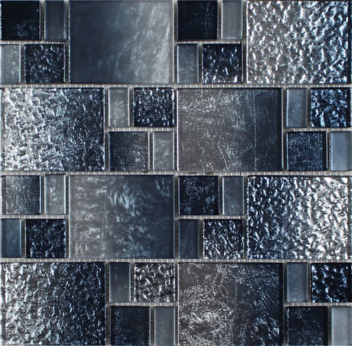 Full Sheet Sample - Terra Bella Silver Blue Foil Staggered Glass Mosaic - 2" x 8" Glossy