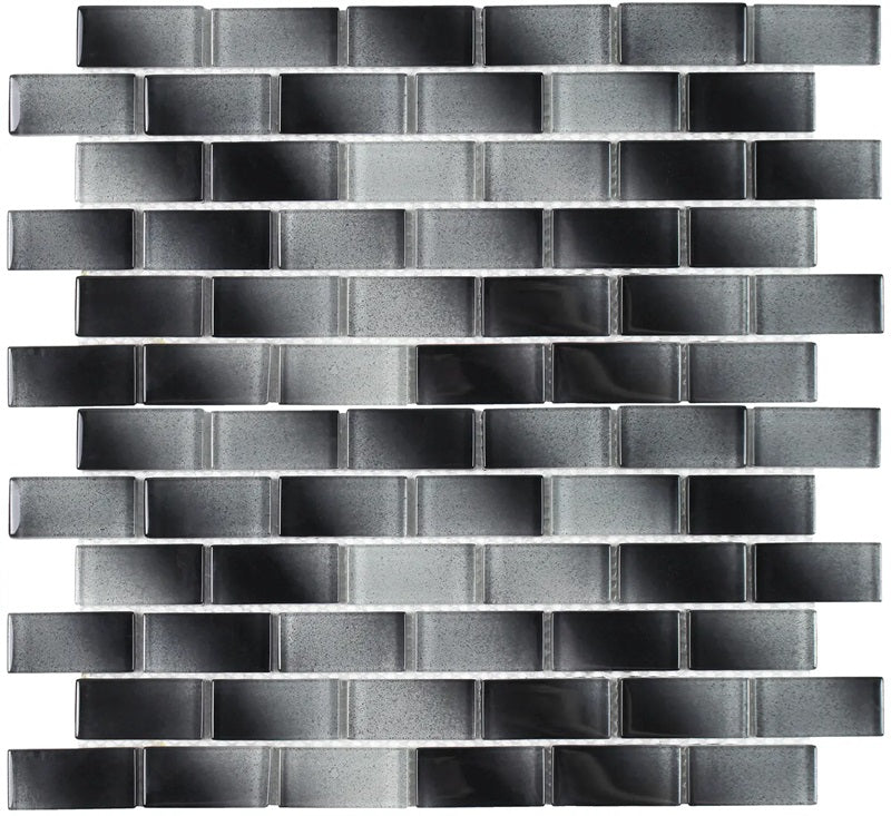 Full Sheet Sample - Aquatica Alpha Black Staggered Glass Mosaic - 1" x 2" Glossy