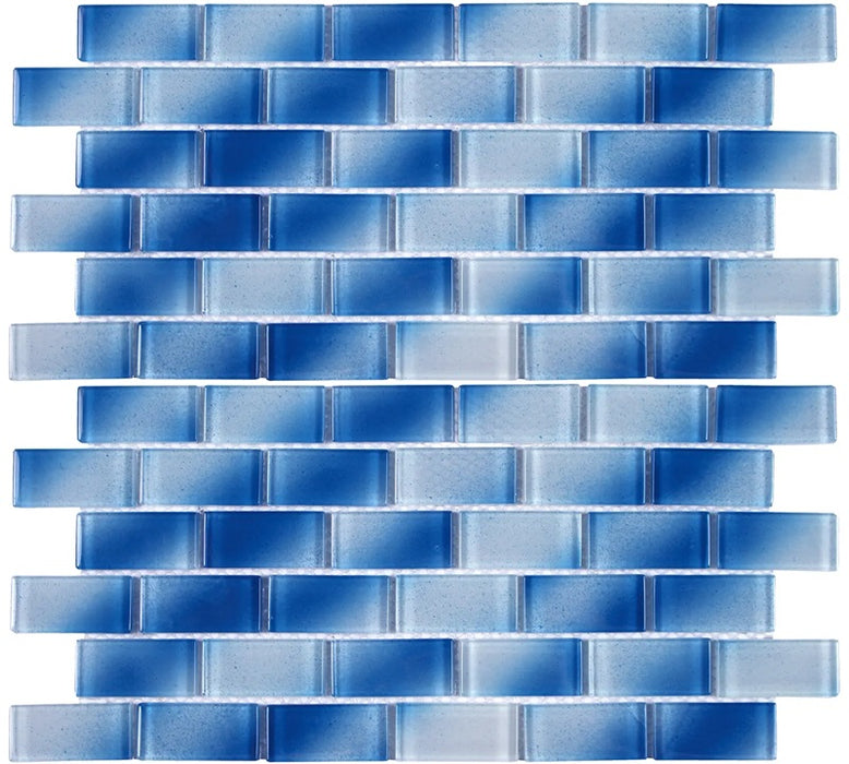 Full Sheet Sample - Aquatica Alpha Blue Staggered Glass Mosaic - 1" x 2" Glossy