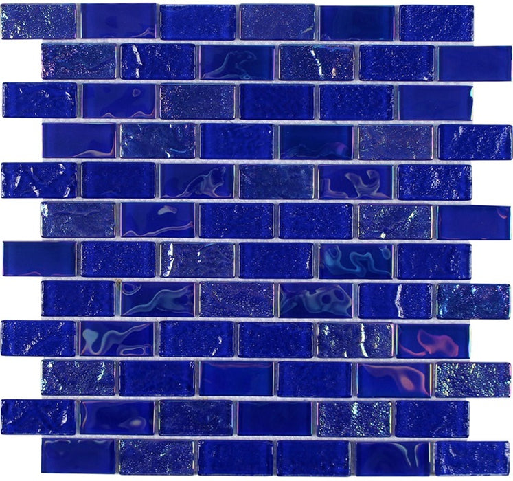 Full Sheet Sample - Aquatica Mercury Cobalt Staggered Glass Mosaic - 1" x 2" Glossy