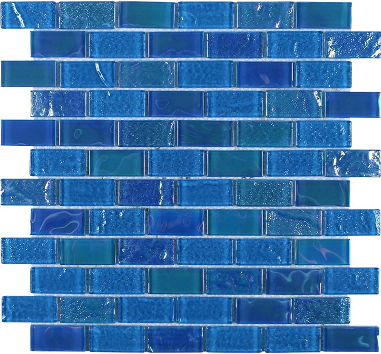 Full Sheet Sample - Aquatica Mercury Turquoise Staggered Glass Mosaic - 1" x 2" Glossy