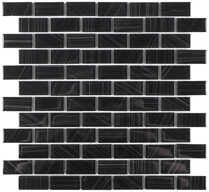 Full Sheet Sample - Aquatica Striped Black Staggered Glass Mosaic - 1" x 2" Glossy