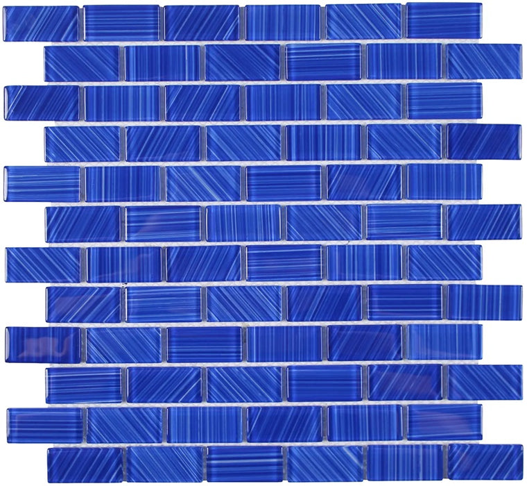 Full Sheet Sample - Aquatica Striped Cobalt Staggered Glass Mosaic - 1" x 2" Glossy