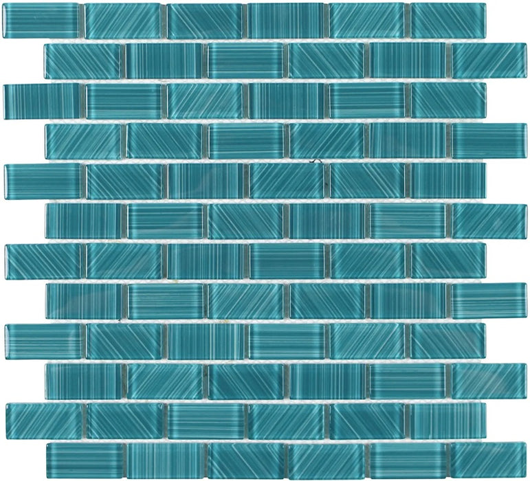 Full Sheet Sample - Aquatica Striped Green Staggered Glass Mosaic - 1" x 2" Glossy