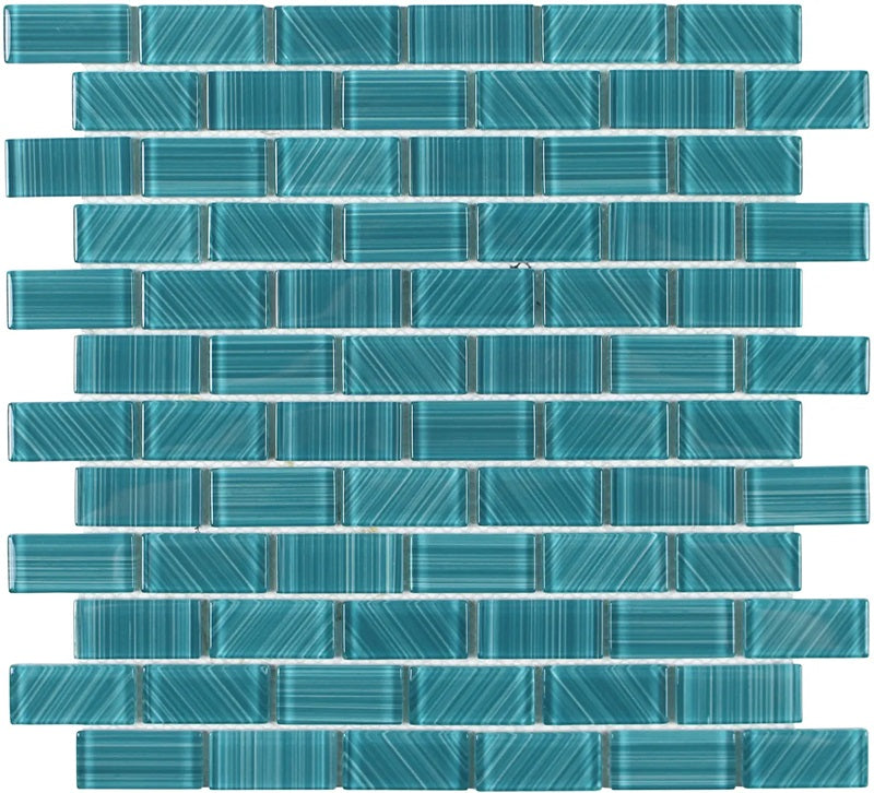 Full Sheet Sample - Aquatica Striped Green Staggered Glass Mosaic - 1" x 2" Glossy