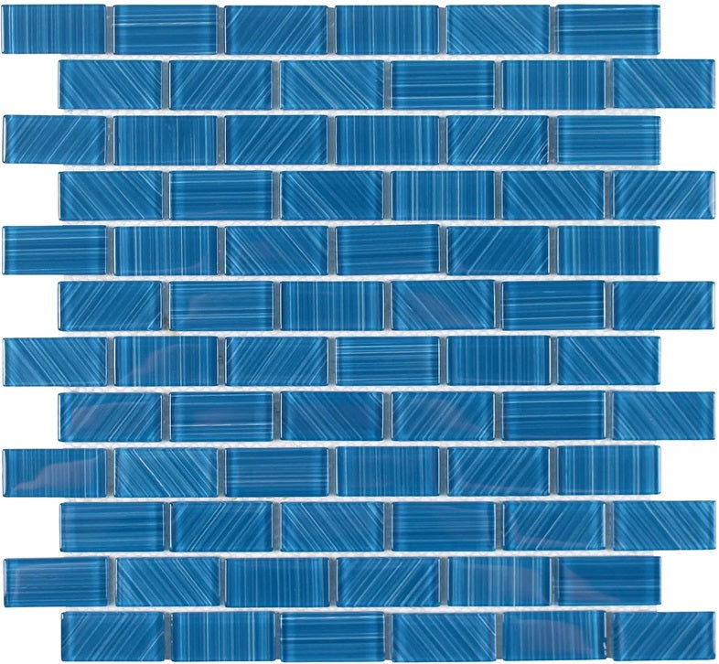 Full Sheet Sample - Aquatica Striped Turquoise Staggered Glass Mosaic - 1" x 2" Glossy